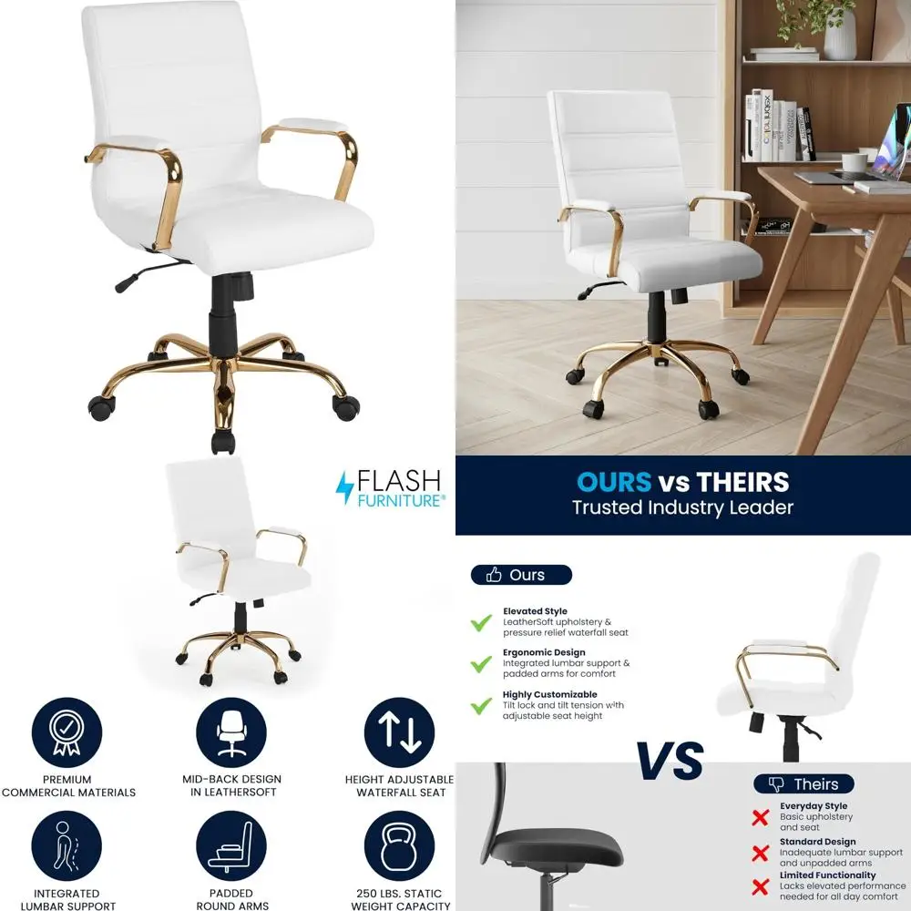 

Mid-Back Swivel Desk Chair with Padded Seat, Armrests, and Adjustable Height for Comfortable Office Use