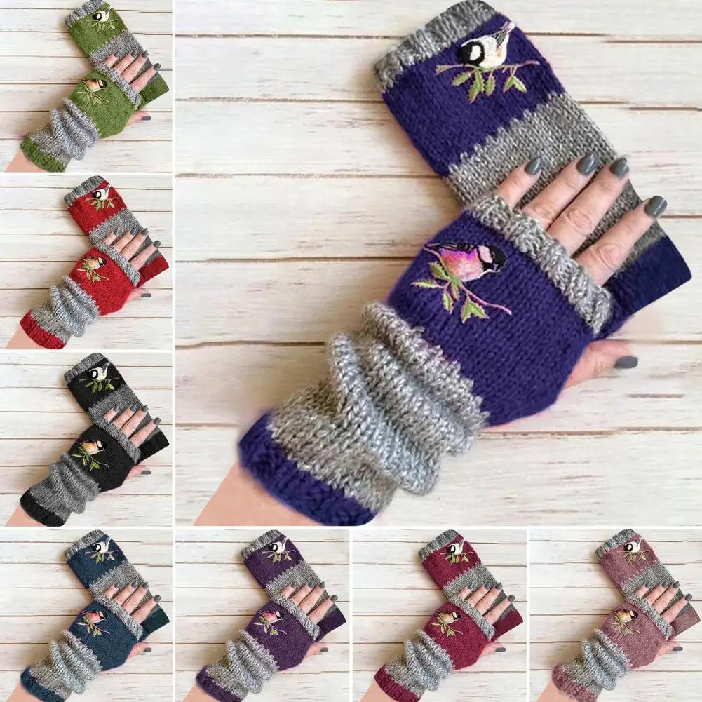 1 Pair Fall Winter Gloves Fingerless Knitted Bird Embroidery Arm Warmers Colorblock Arm Sleeves Keep Warm Cycling Wrist Covers