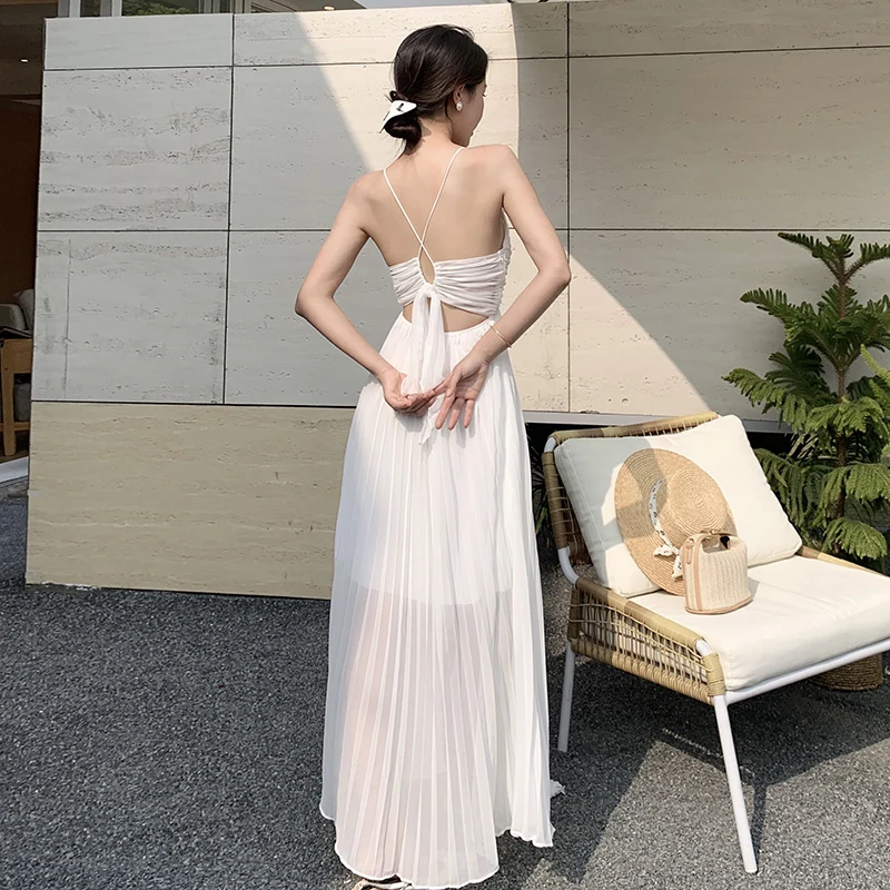 

Super Fairy Big Swing Pleated White Dress Women Sexy Beauty Back Long Bohemian Dresses Lady Beach Vacation Honeymoon Vestido