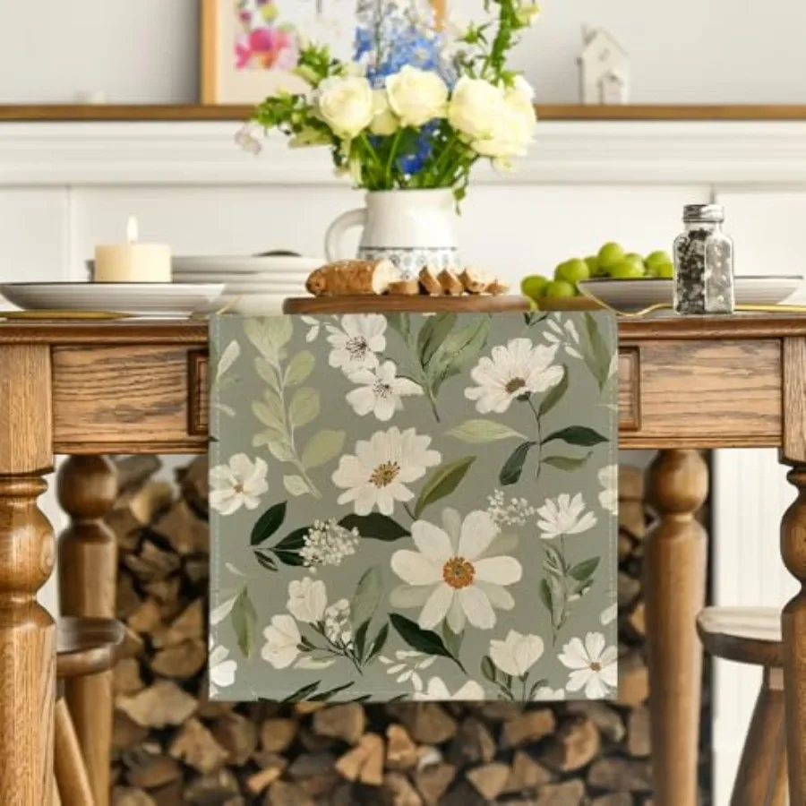 Olive Green Daisy Flowers 210 GSM Spring Table Runner, Seasonal Summer Kitchen Dining Table Decoration for Home Party Decor 13x
