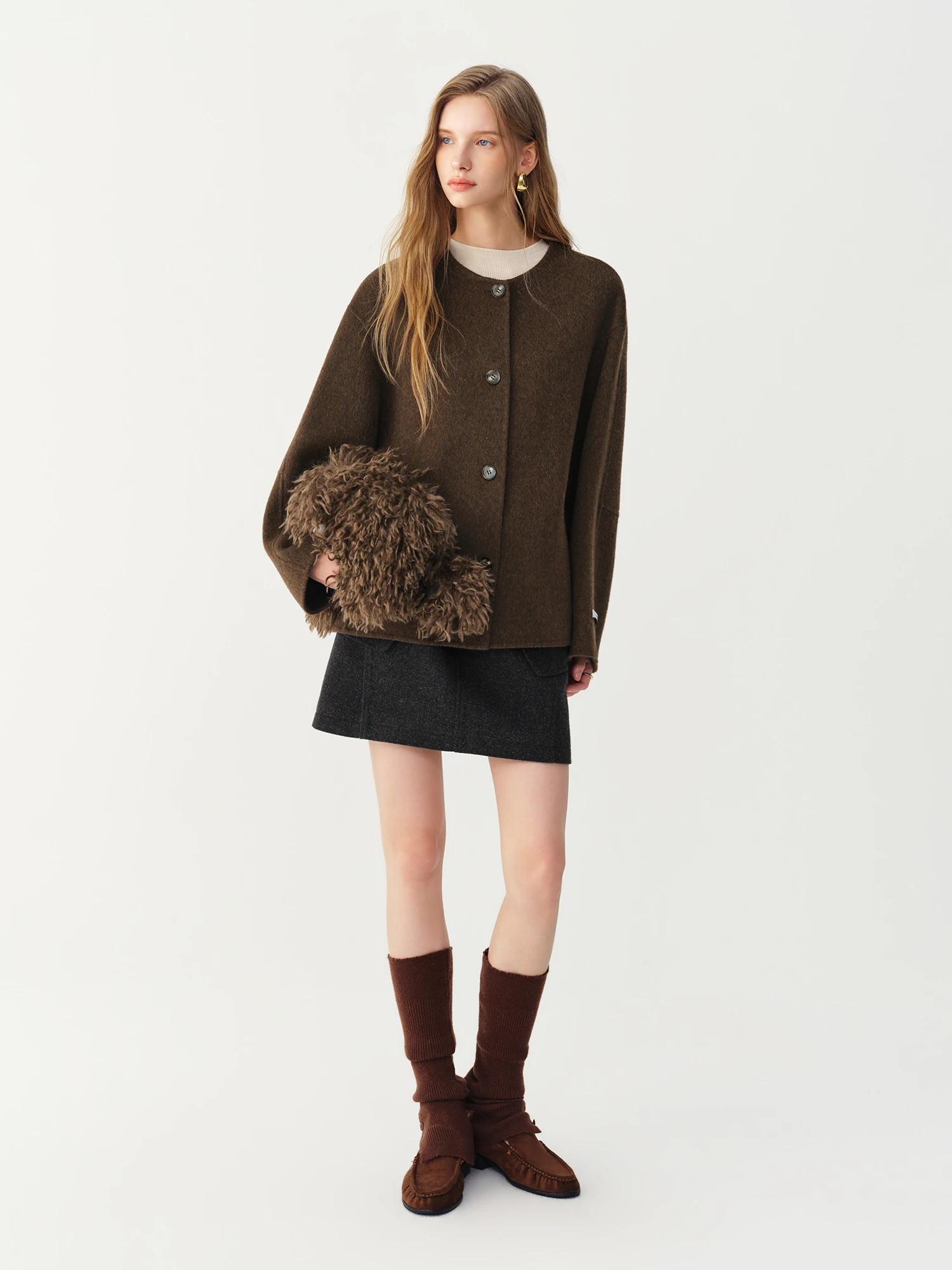 FSLE Women's Short 100% Wool Detachable Fur Collar Coat Winter 2026 New Style Double-Sided Wool Coat Simple Retro