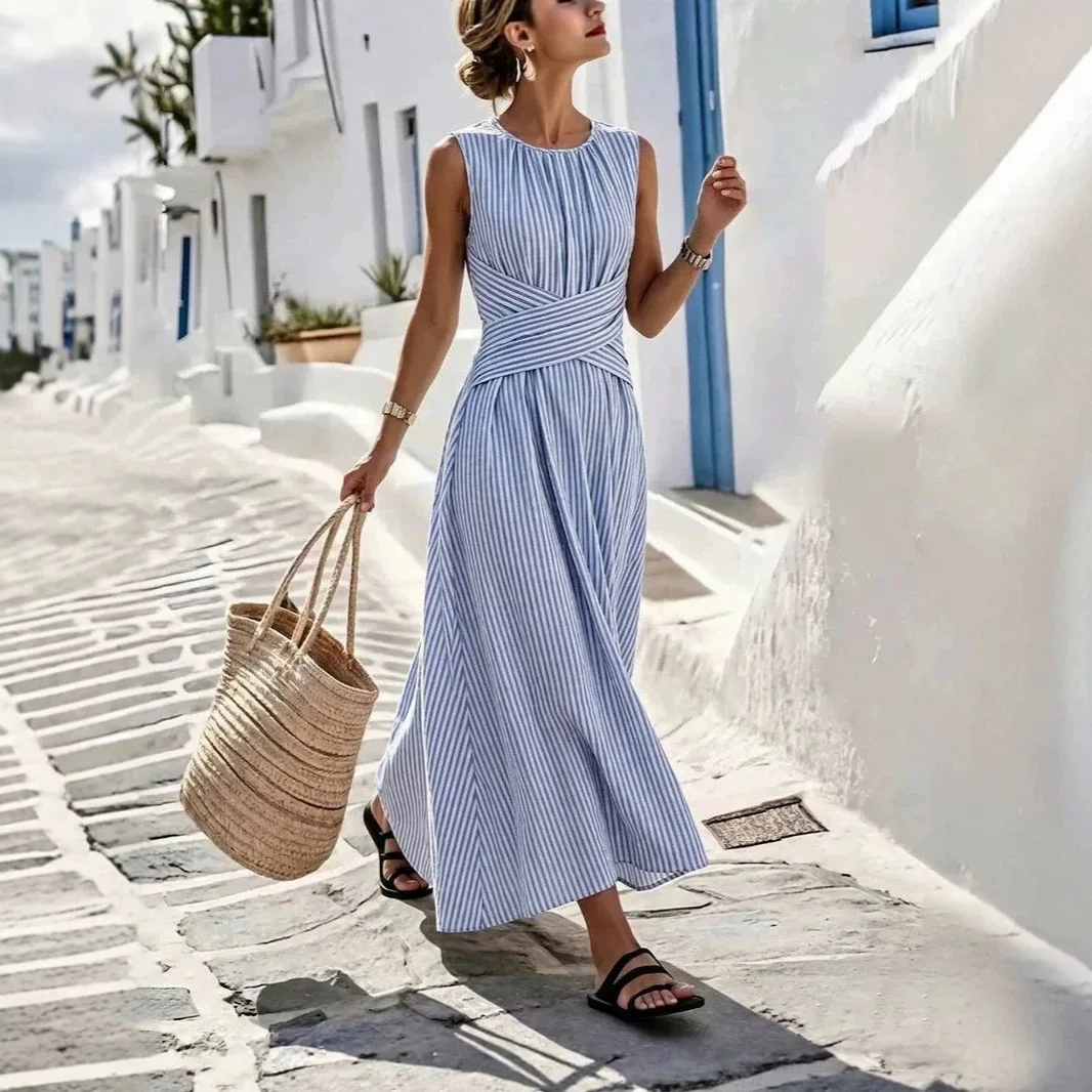 Waist Tied Striped Sleeveless Vest round Neck Dress Polyester Fabric A-Line Skirt Style Casual Leisure Travel Dress
