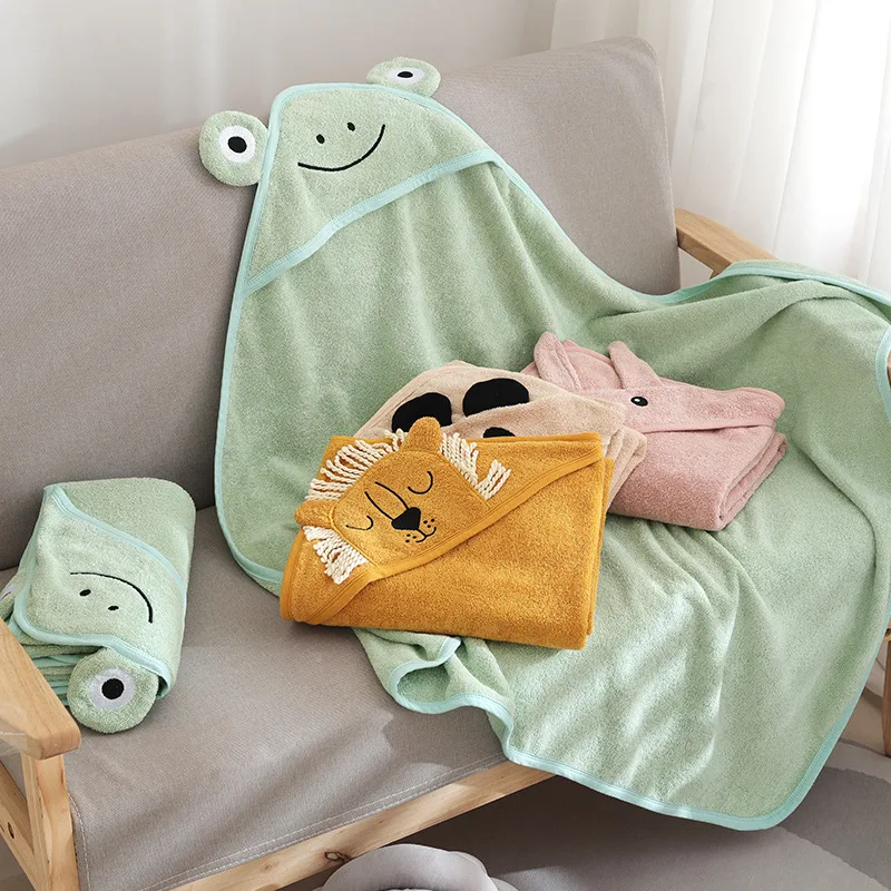 Kids Bathrobe Cotton Thickened Absorbent Breathable Bath Hooded Cloak Baby Skin Quick Drying Cartoon Animal Shower Towel