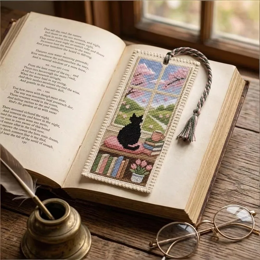 Seasonal Cat Cross Stitch Bookmark Material Kit Handcrafted with Braided Rope Book Page Marker Embroidery Kit for Book Lovers