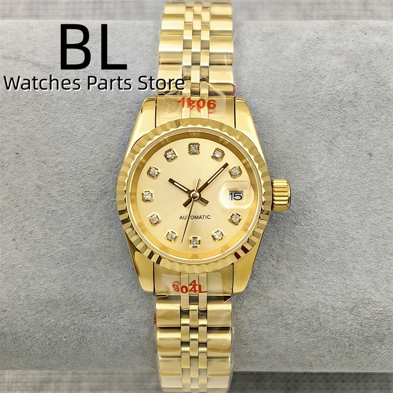 BLIGER Jam Tangan Wanita Gerakan NH05 Mewah 26Mm Emas Mawar Dua Warna Dial Emas Mawar dengan Indeks Berlian Bezel Bergalur Kristal Safir