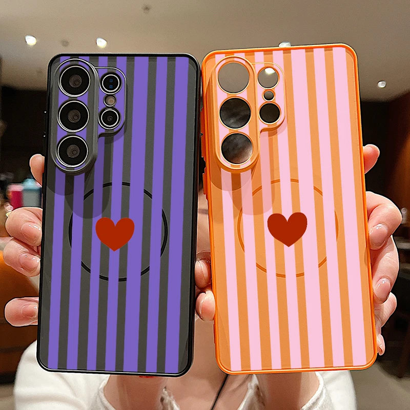 Stripes Hearts Pattern Magnetic Phone Case For Samsung Galaxy S26 S25 S24 S23 Ultra S25 FE A57 A17 A56 A37 A16 A55 A36 A55 Cover