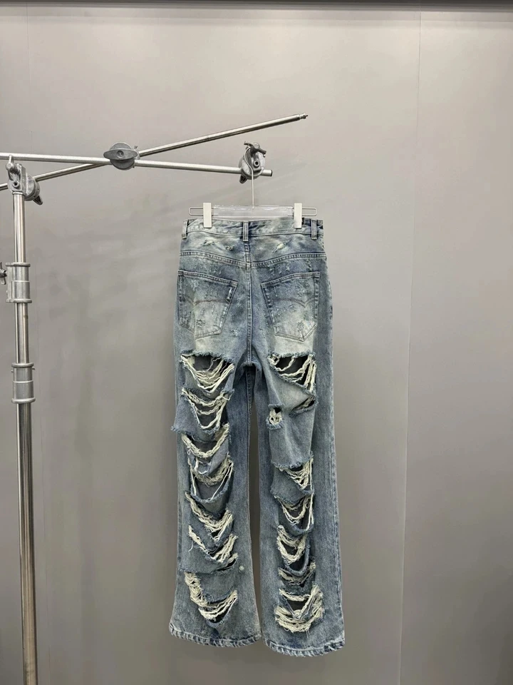 

2024SS Spring New Women Vintage High Quality Hole Blue Cowboy Pants Female Chic Jeans