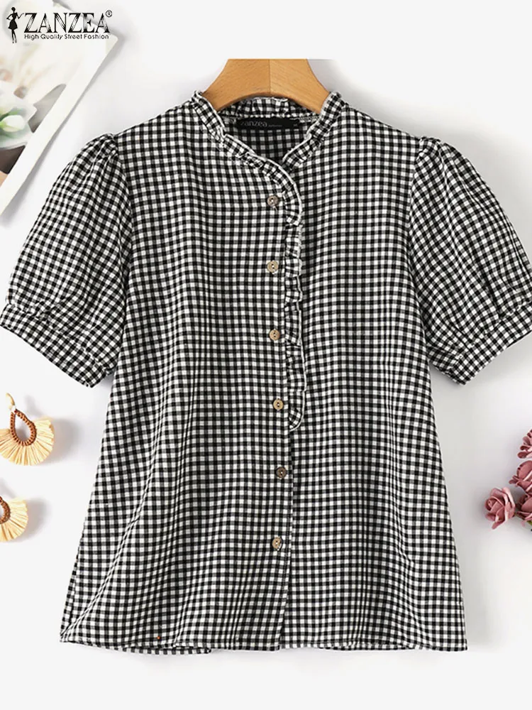 ZANZEA Casual Women Blouse Loose Fashion Shirt Spliced Ruffle Checked Grid Tunic Top Button Up Short Puff Sleeve Summer Blouses