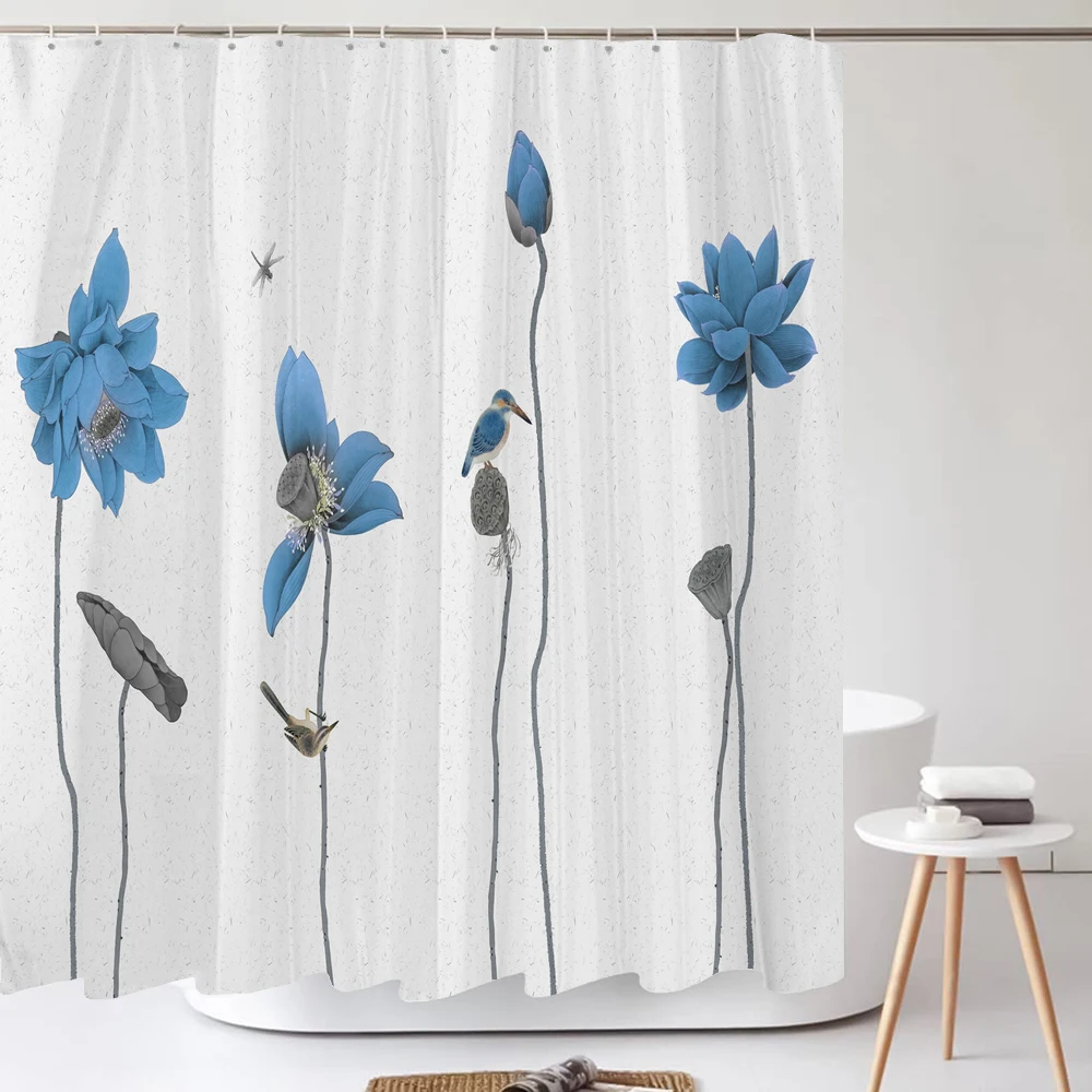 Blue lotus Bird Flower Shower Curtain With Hooks Polyester Bathroom Curtains Waterproof 3D Print Bath Curtain Home Decor Curtain