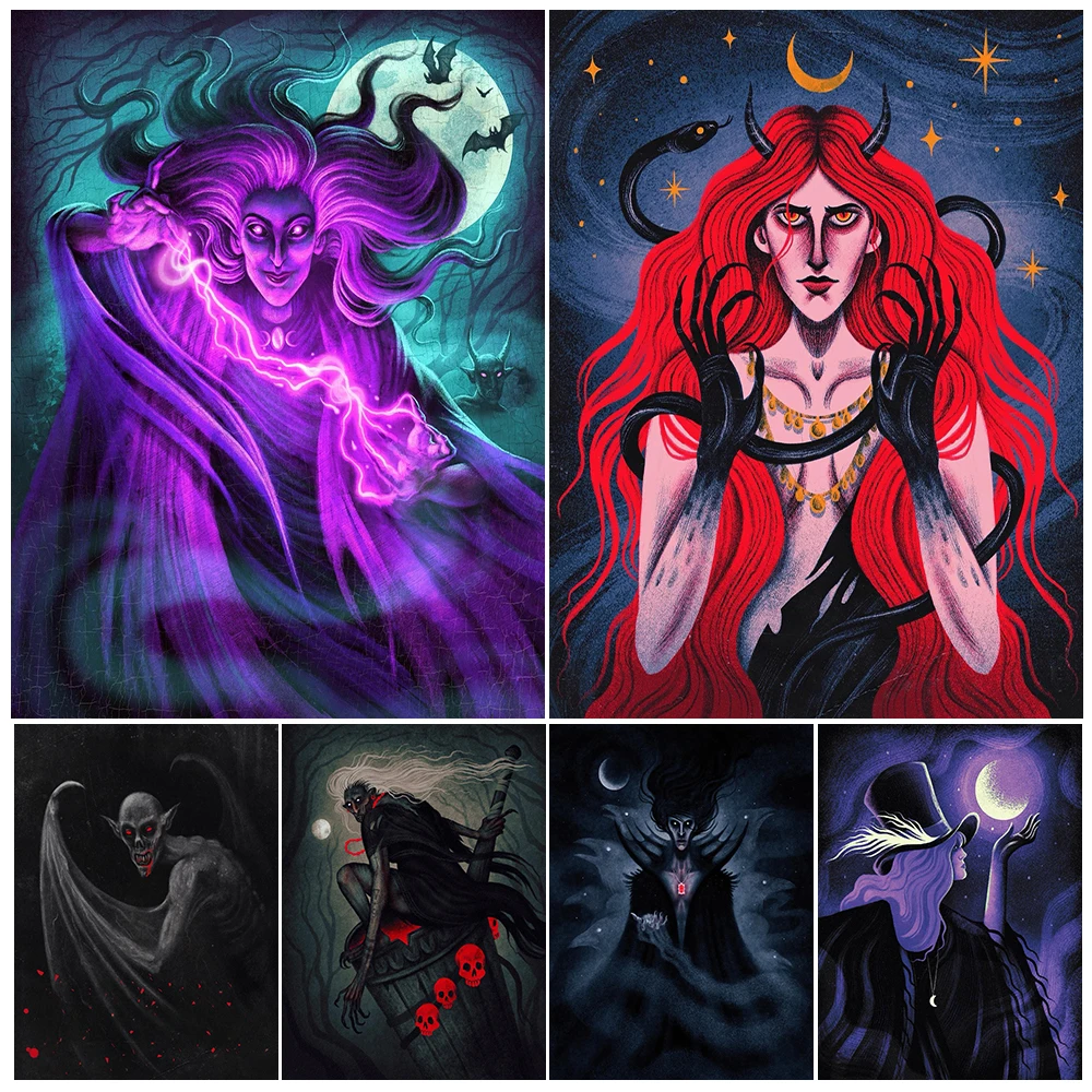 Magic Witch, Vampire, Wizard,Abstract Wall Art Canvas Painting,Witchcraft And Black Magic Art Illustration Print Home Decoration