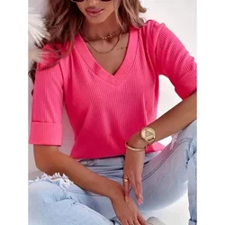 Plus rozmiar 1XL-5XL damski Casual V Neck jednokolorowy T-Shirt Top damski odzież w dużych rozmiarach obcisły modny top