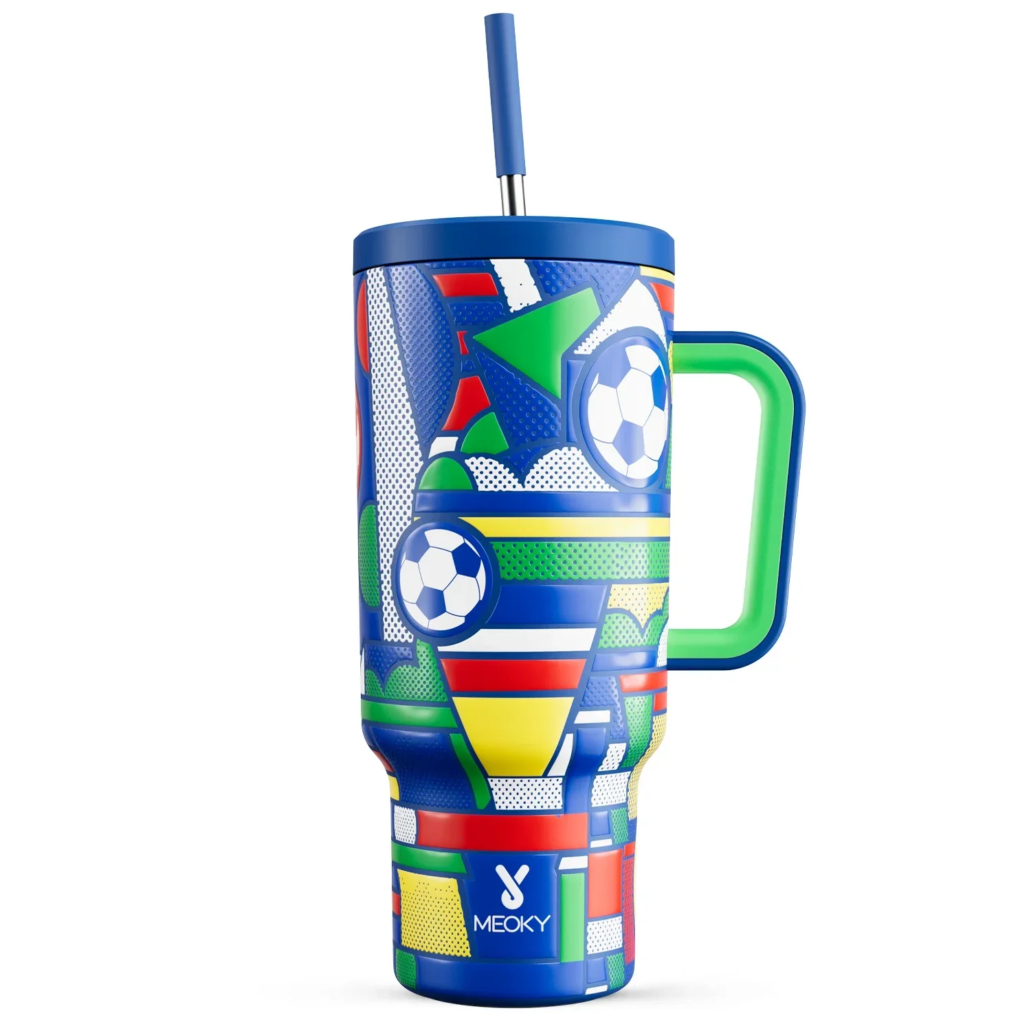 Meoky 40oz Tumbler With Handle Straw Stainless Steel Vacuum Insulated European Football 2024 Championship Double Wall Car Mugs