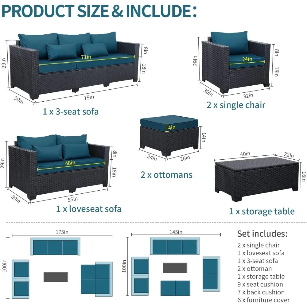 Patio Furniture Set 7 Pieces Couch Outdoor Chairs Coffee Table Peacock Blue Anti-Slip Cushions and Waterproof Covers