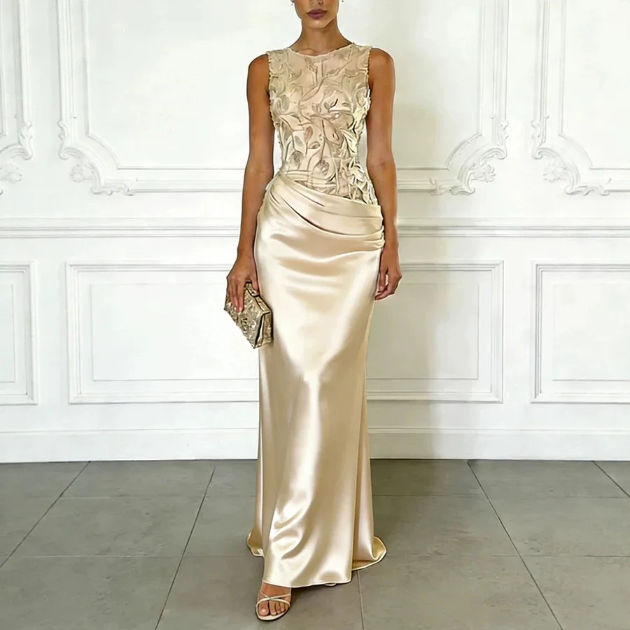Luxury Satin Long Evening Dress Sleeveless O-Neck Floor Length Applique Prom Gown Special Occasion Vestido Women Party