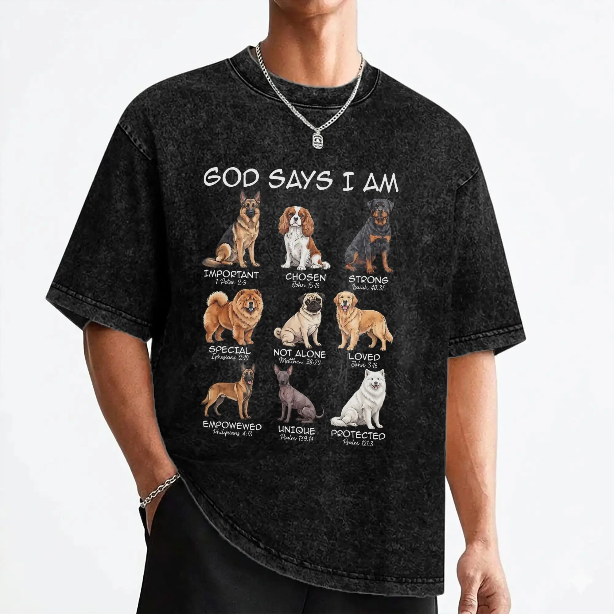 Christian Religious Dogs T Shirts Hip Hop Washed High Street T-Shirts  Vintage for Men Women Tops Streetwear Summer Tee Shirt