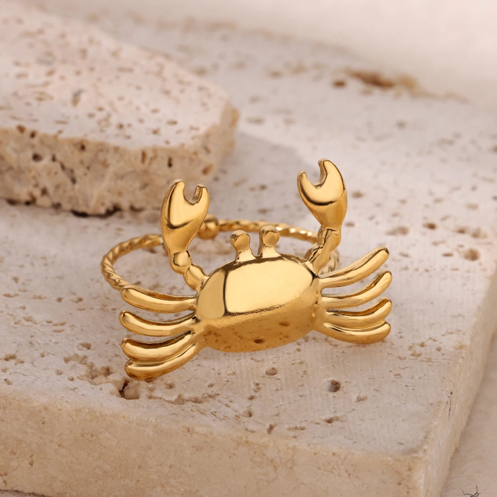 Stainless Steel Crab Rings for Women Gold Color Cute Animal Open Adjustable Ring Aesthetic Fashion Waterproof Jewelry Gift