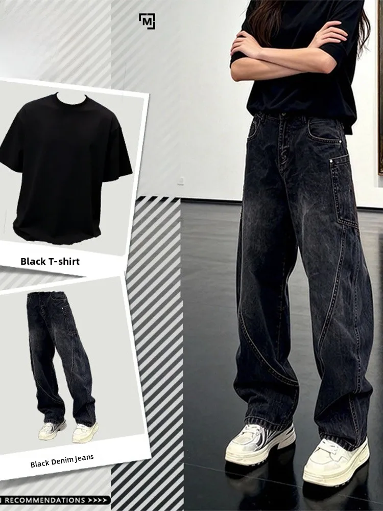 

Bla Knife Workwear Jeans Set Men's Women's Spring Faion Small Size Micro Flare Pants Long Sve T-irt Youth Summer