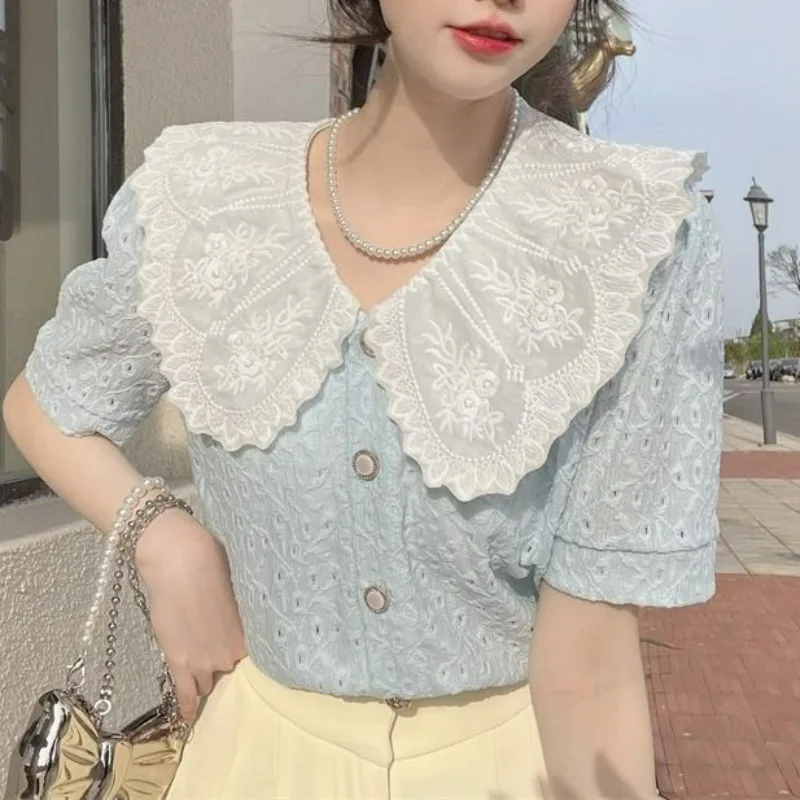 Blusas Mujer De Moda 2024 Summer New Chic Contrast Color Patchwork Peter Pan Collar Blouses Vintage Single-breasted Women Shirts