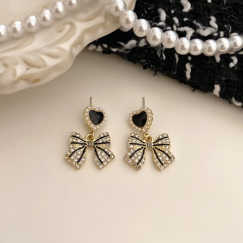 Elegant Fashion Crystal Pearl Sweet Heart Bow Earrings for Women Temperament Wedding Party Drop Earring Anniversary Gift Jewelry