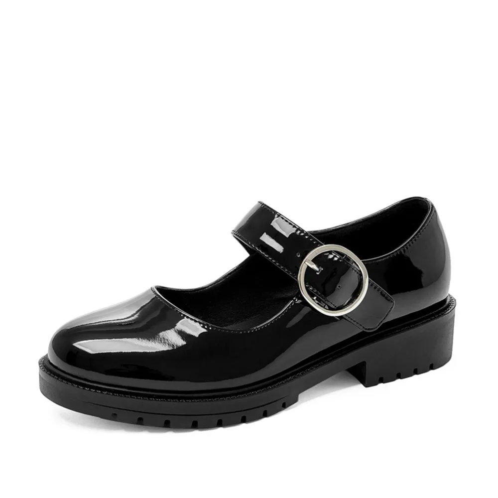 Plus Size 33-52 Mary Jane Shoes for Women Black Beige Patent Leather Platform Loafers Comfortable Buckle Strap School Work Shoes