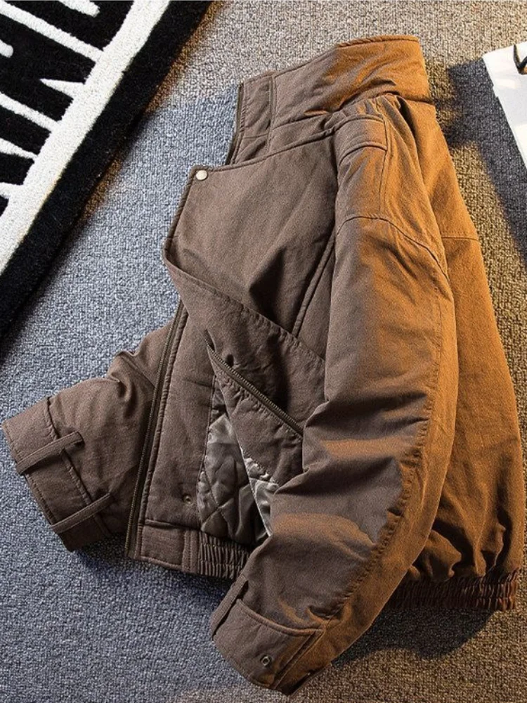 Men's Brown Washed Cotton Padded Jacket Winter Warm Thickened Stand Collar Parkas Asymmetric Snap Button Casual Versatile Coat