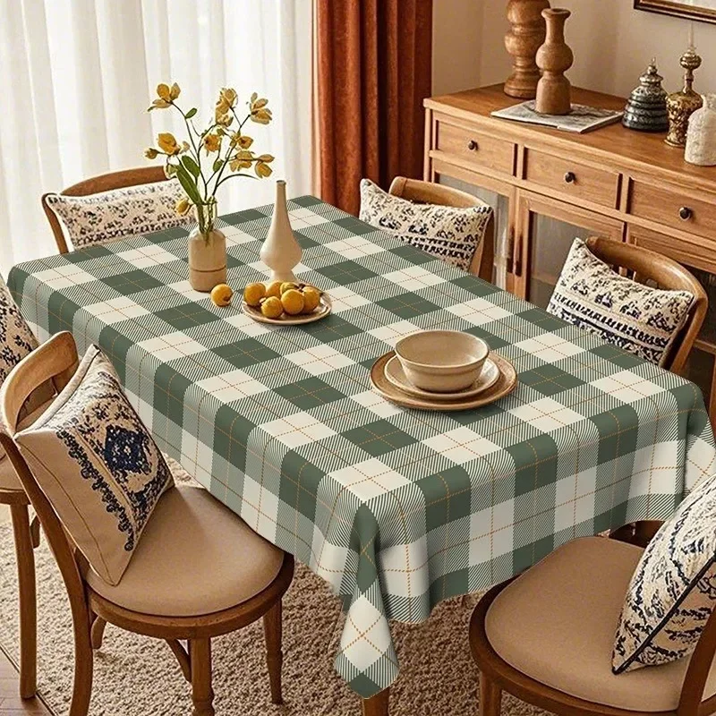 One piece of fresh green and white checkered tablecloth, creating a natural dining atmosphere.