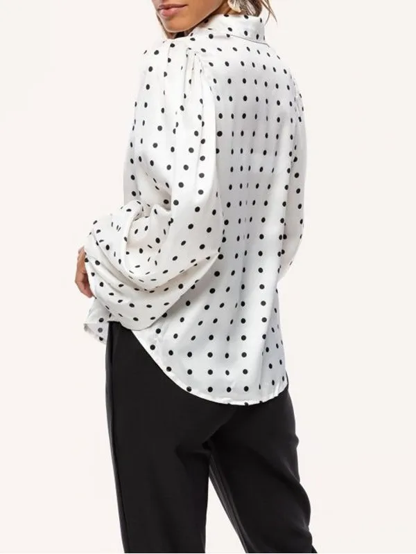 Polka Dot Lantern Sve Chiffon irt Women Loose Fit Street Sle Long Sve Button up round Ne Casual Top for Spring