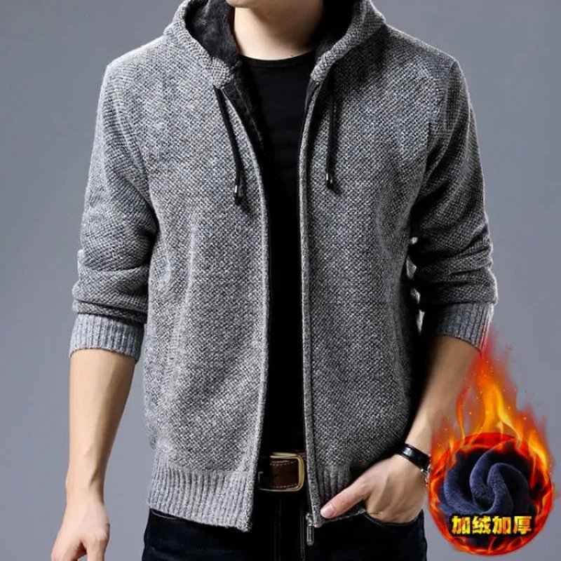 2024 Men's Thick Autumn Winter Slim Hooded Sweater Coat Zipper Cardigan Wool Knitwear Cosy Warm Solid Fashion Casual Hoodie Tops