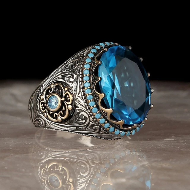 Retro handgemachter türkischer Siegelring für Männer Vintage Silber Farbe Schnitzmuster Inlay grüner Zirkon Party Punk Motor Biker Ring