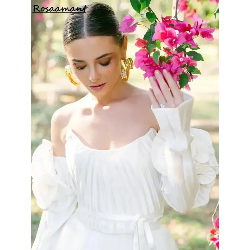 Vestidos de novia sencillos sin tirantes con mangas desmontables, vestidos de novia bohemios de gasa plisados con flores en 3D