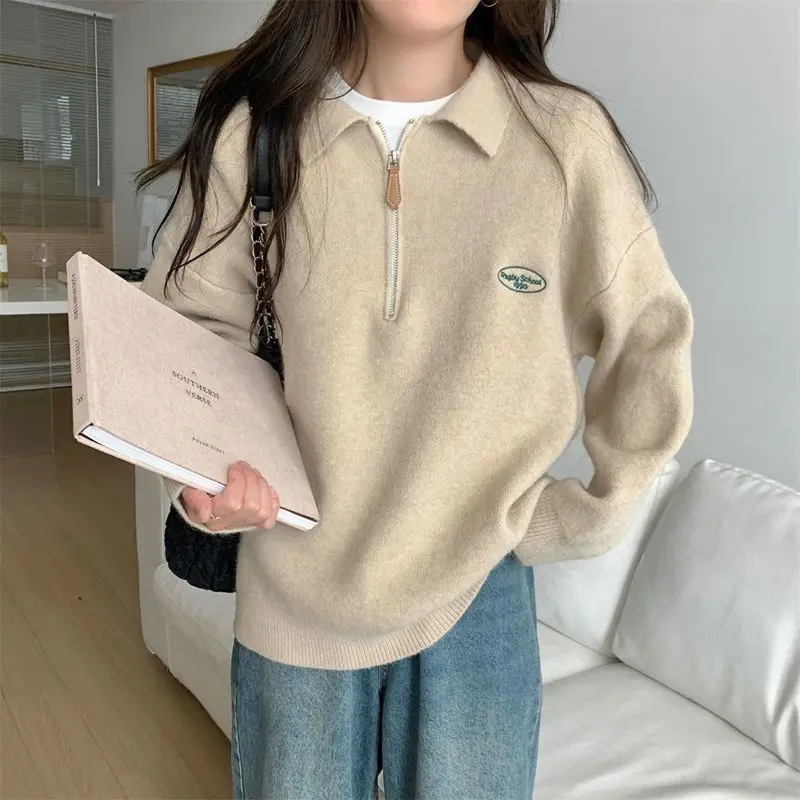 Korean style simple polo collar zippered knitted sweater for women autumn and winter new versatile loose casual men clothing