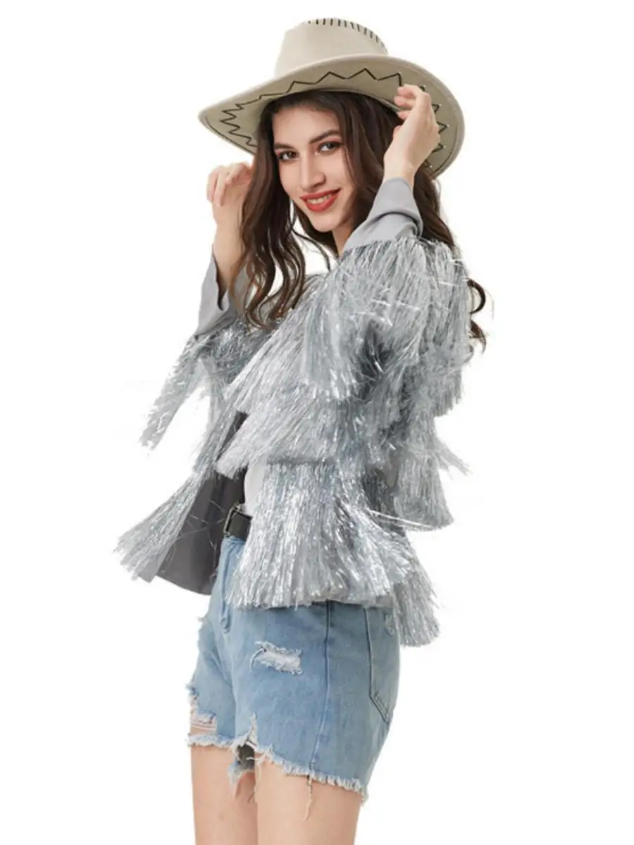 Silver Tead Tassel Long Sve Jaet Spring Summer loween Open Cardigan Women's Sle Loose Fit Adult Fem Costume