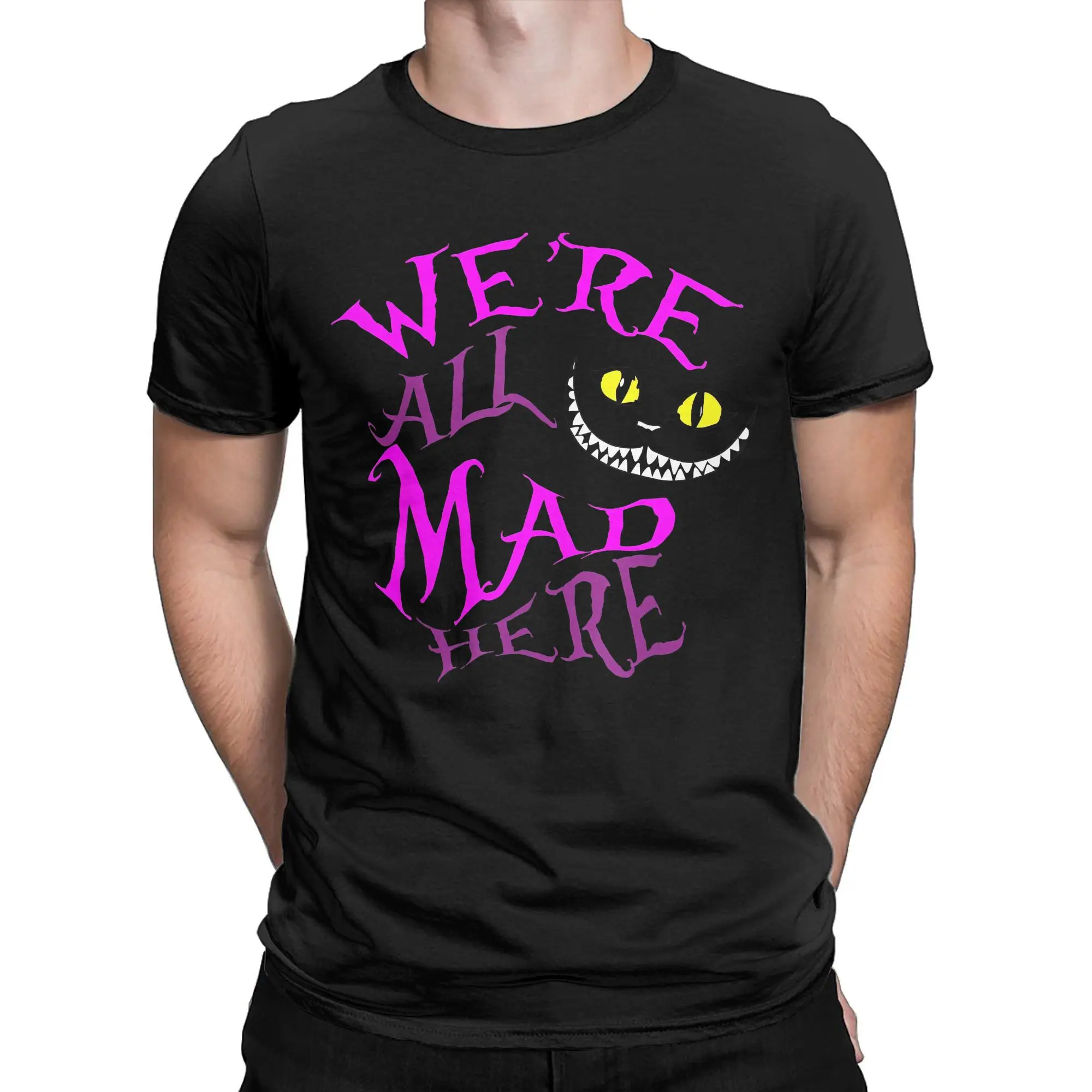 Alice in Wonderland Cheshire Cat Men's T Shirt We're All Mad Here Funny Tee Short Sleeve Round Neck T-Shirt Cotton merchandise