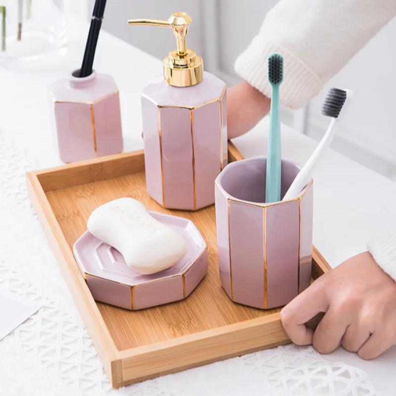 4pcs Pink Gold-plated Ceramic Bathroom Wash Set Hotel Toiletries Bathroom Accessories Home Furnishing Decoration Soap Dish