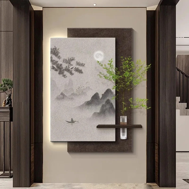 Ink and water landscape entrance decorative painting high-end three-dimensional wall lamp hydroponic green plants new Chinese co
