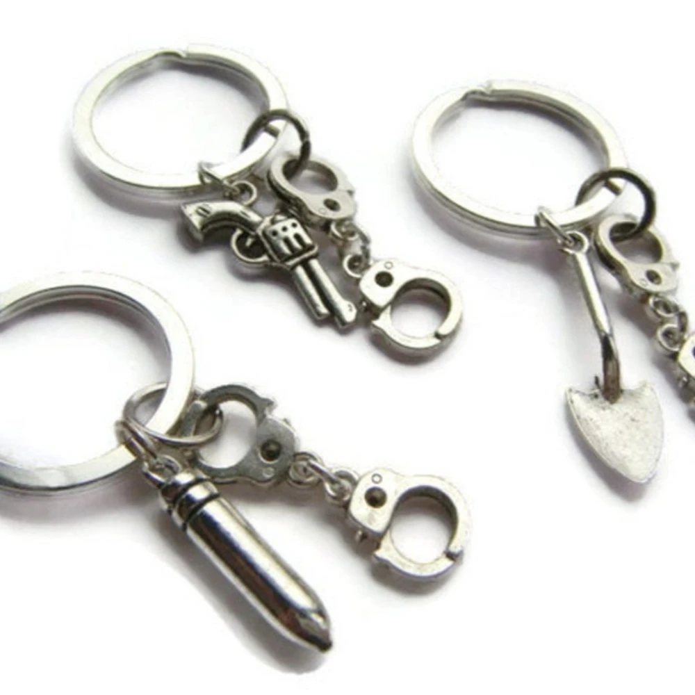 3pcs Set Sliver Color Pistol Bullet Head Sapper’s Shovel Keychain for Women Men Friendship Keychain Jewelry Sets Accessory Gifts