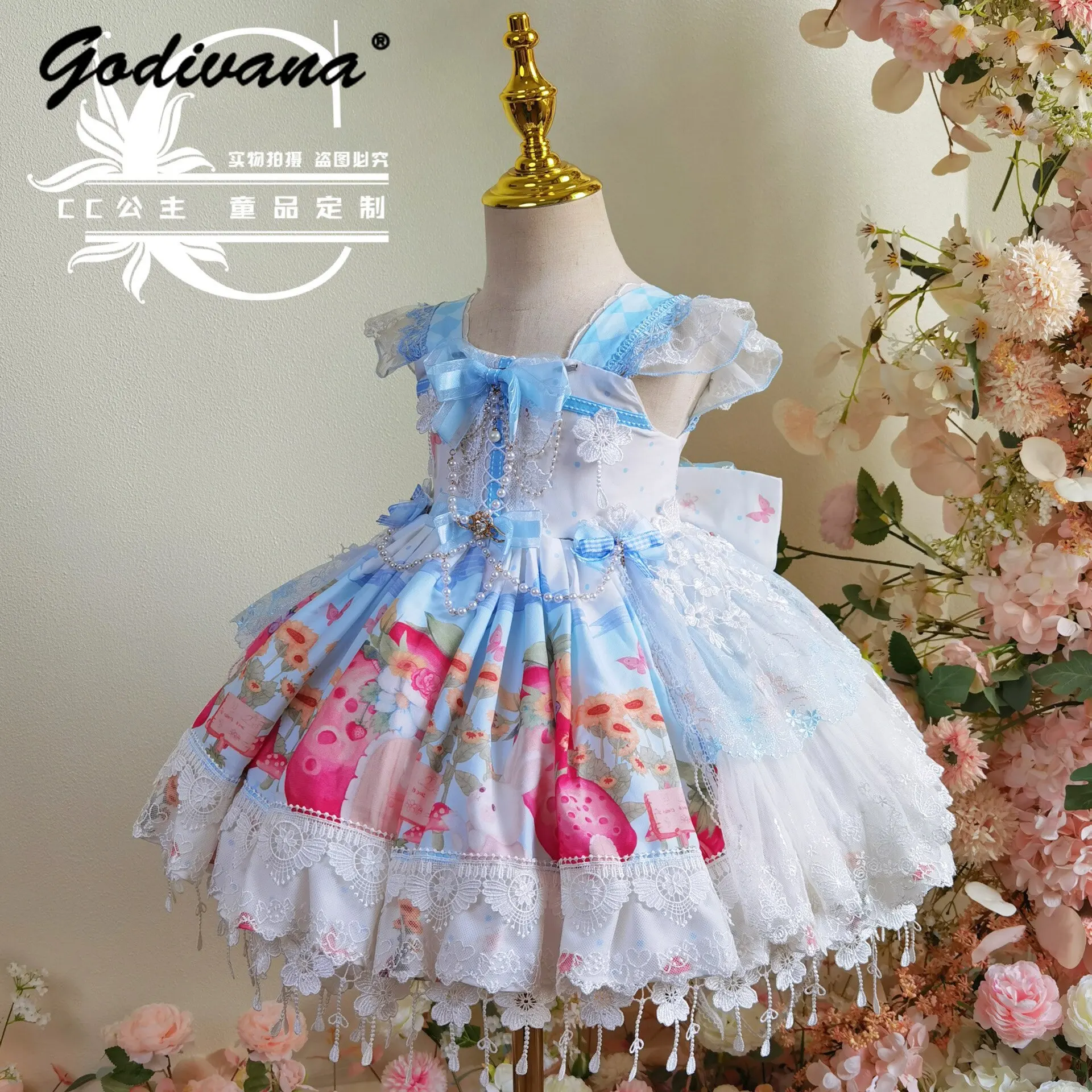 Original Little Girls Cute Strawberry Rabbit Print Handmade Lolita Princess Dress Kids Floral Wedding Birthday Party Ball Gown