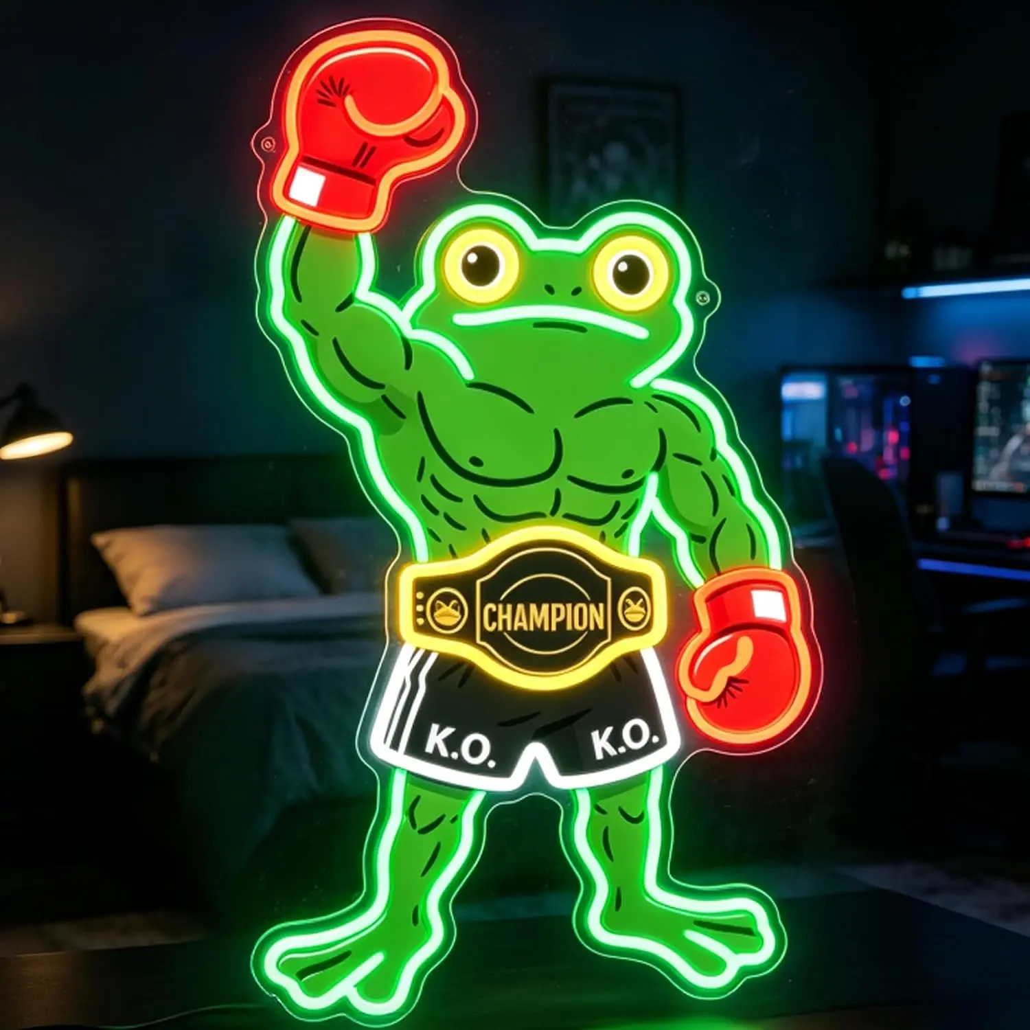 Boxing Champion Frog Neon Sign LED Neon Light USB Powered Cartoon Frog Neon Lamp for Gym Game Room edroom Decoration Gift