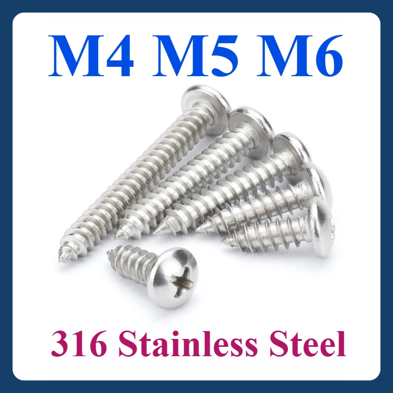 

316 Stainless Steel Cross Round Head Self-Tapping Screw M4 M5 M6 Round Head Self Tapping Screw Wood Screw 2~25pcs