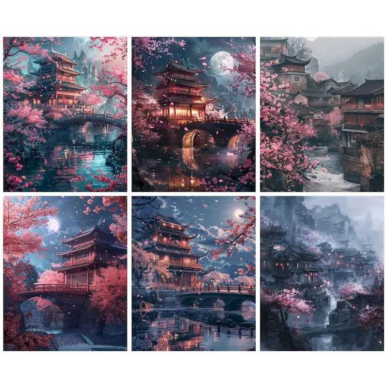 GATYZTORY Painting By Numbers Kit Peach Blossom Pavilion scenery acrylic paint by numbers diy Artwork on Canvas By Numbers