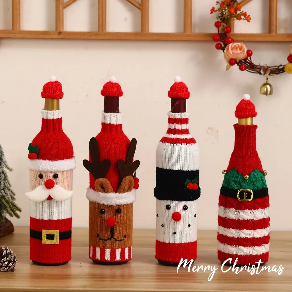 Knitted Wine Bottle Cover Elk Santa Claus Beer Bottle Cover with Mini Santa Hat Snowman Christmas Knitted Bottle Cover