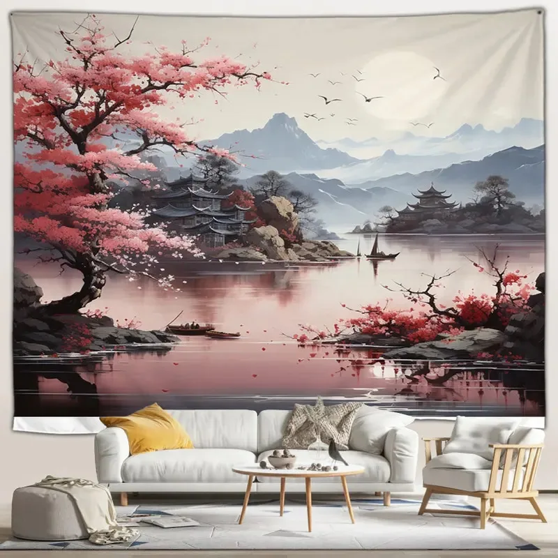 Tapiz de paisaje japonés con flor de cerezo rosa y paisaje neblinado, tapiz de arquitectura china para colgar en la pared, decoración para sala de estar y dormitorio