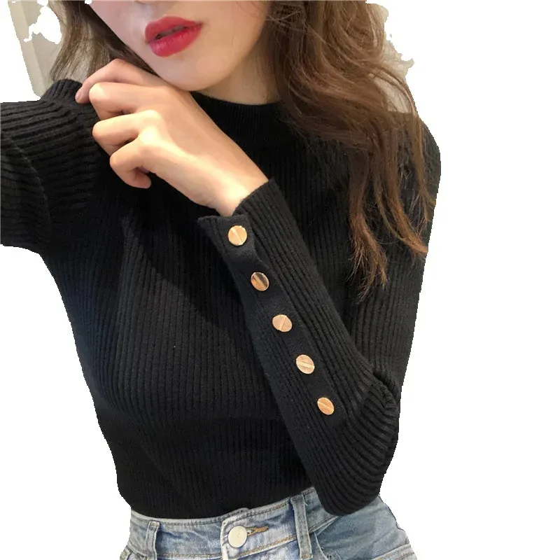 

JY Women's autumn and winter pullover knitted sweater solid color casual button round neck fashionable slim fit long sleeved top