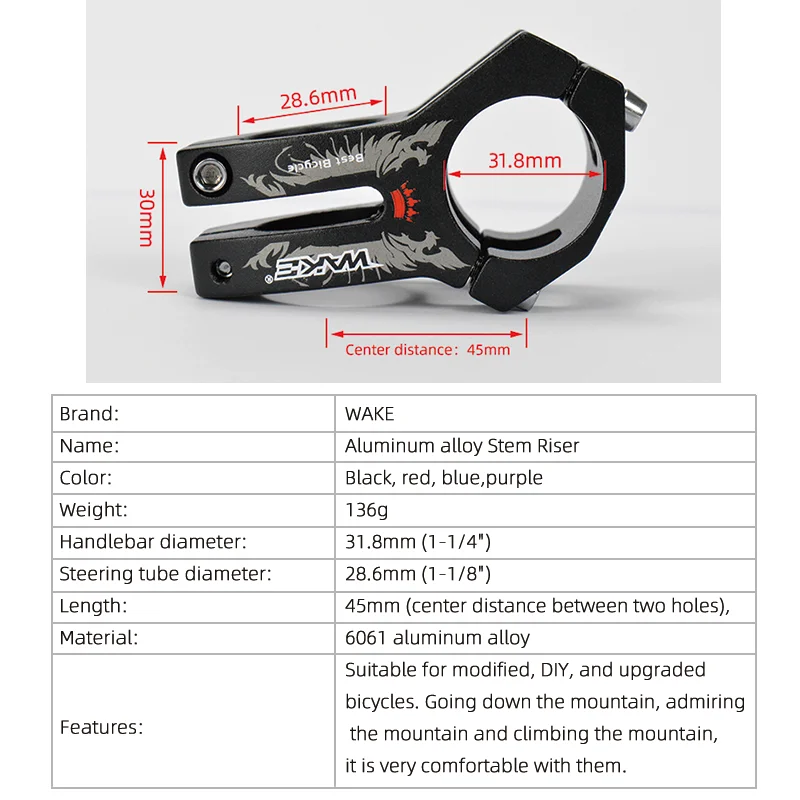 Wake MTB Handlebar Power Bike Stem Cap 31.8mm Aluminum Alloy Ultralight High-strength Short Bicycle Accessories for BMX Cycling