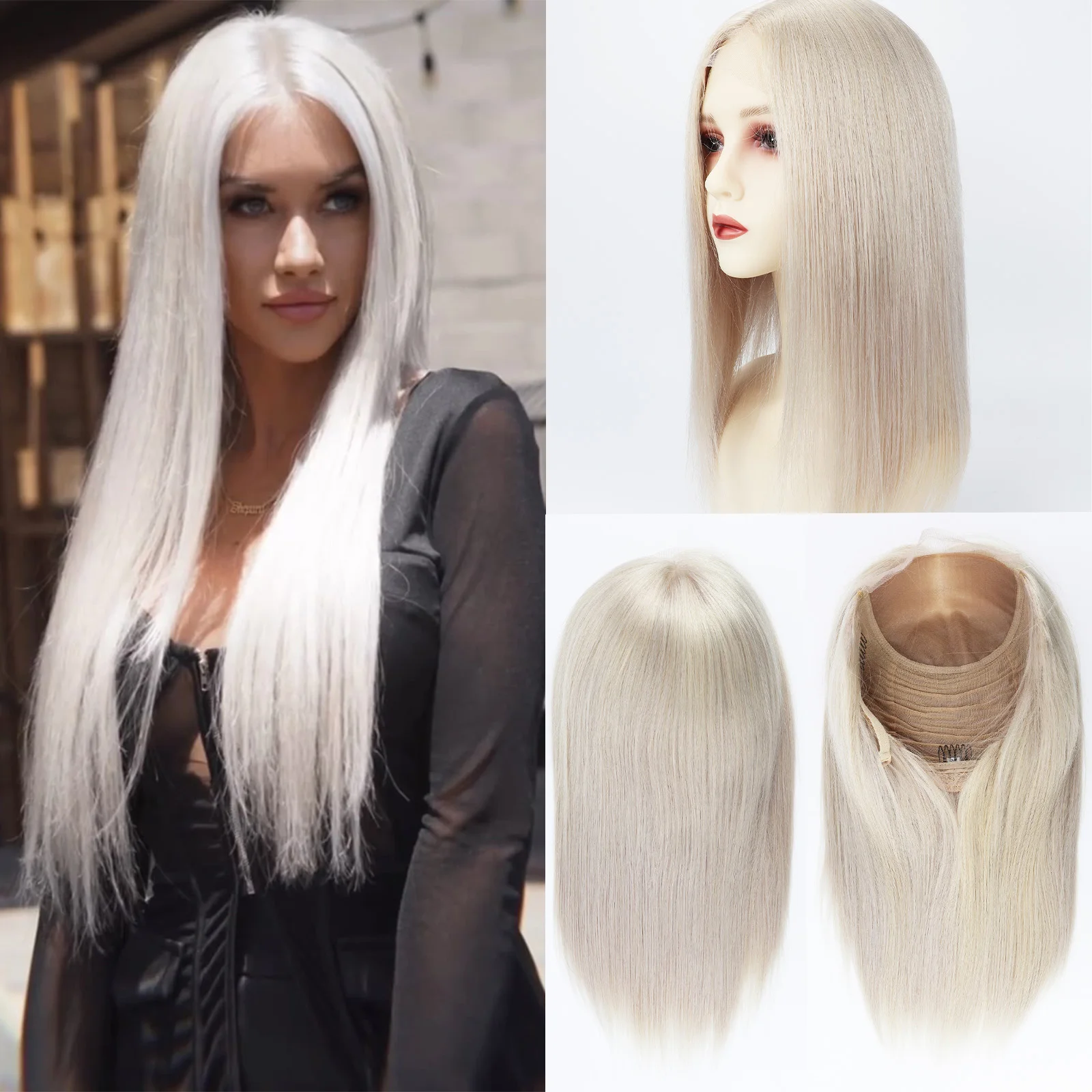 

100% натуральный парик из человеческих волос, 24 дюйма, на шелковой основе, из европейских волос, прямые, платиновый блонд, с кружевной передней частью, реалистичный вид кожи головы, для женщин