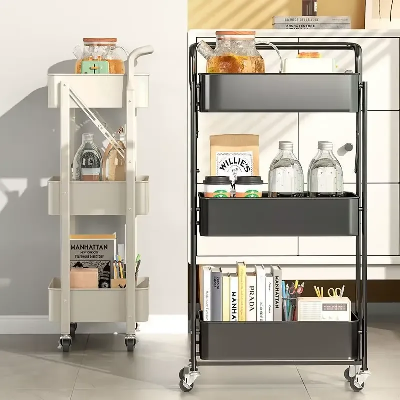 Popular Design 3-Tier Small Cart Storage Rack Living Room Multi-layer Foldable Mobile Snack Rack Kitchen Storage Rack