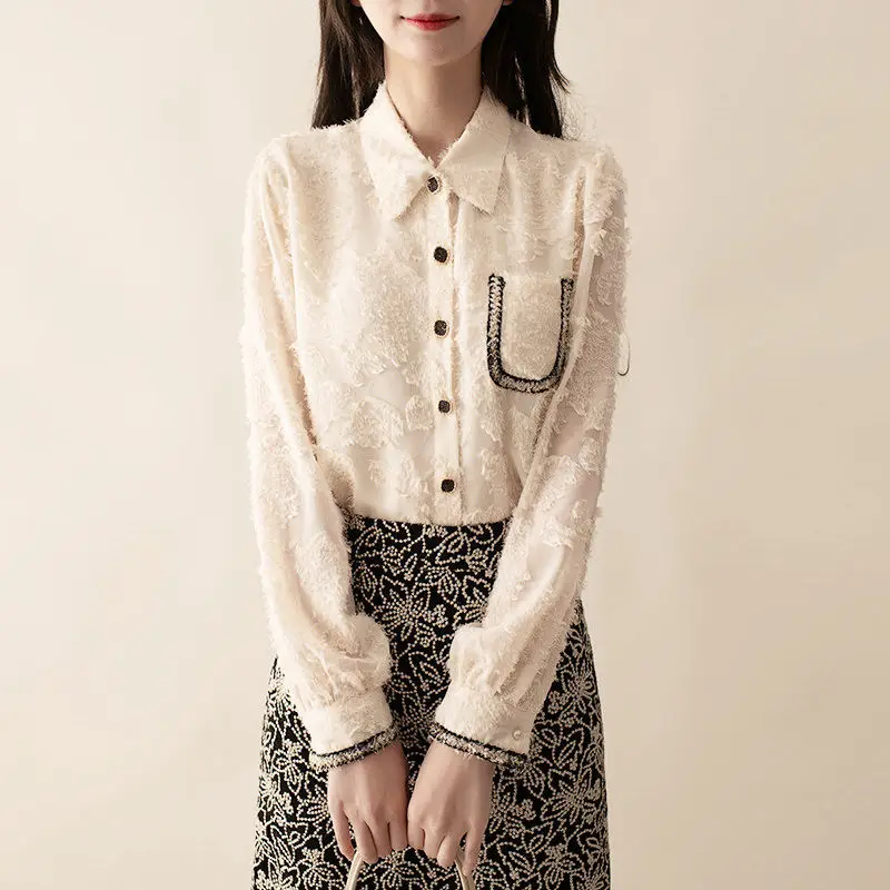 Women Three-dimensional Flocking Thin Korean Patchwork Chiffon Single Breasted Shirt Golden Silk Thread Pockets Puff Sleeve Wild