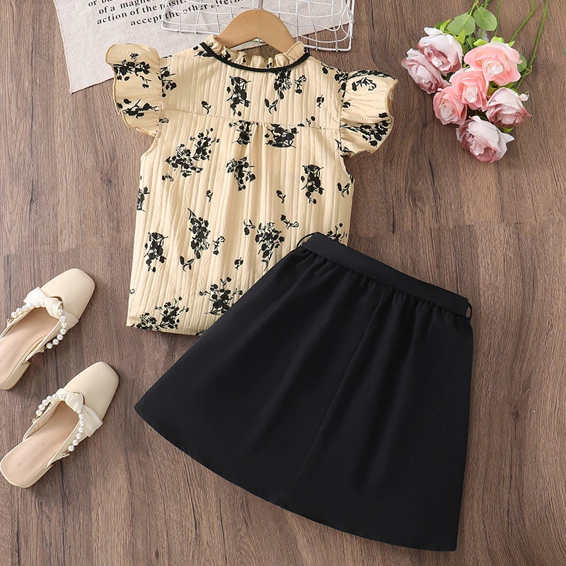 Girls 8-12 Khaki Summer Casual Set, Front Floral Print Ruffled Top & Black Skirt with Decorative Belt, Daily Kids Outfit