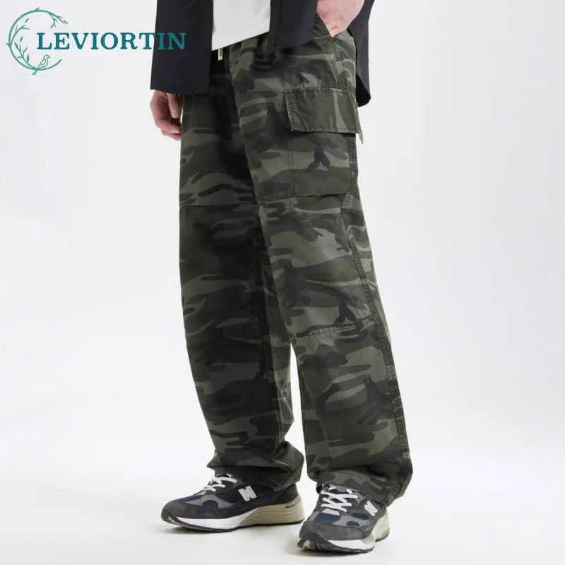 

Men's American retro multi pocket design with pleated and versatile straight tube micro flared casual camouflage work pants