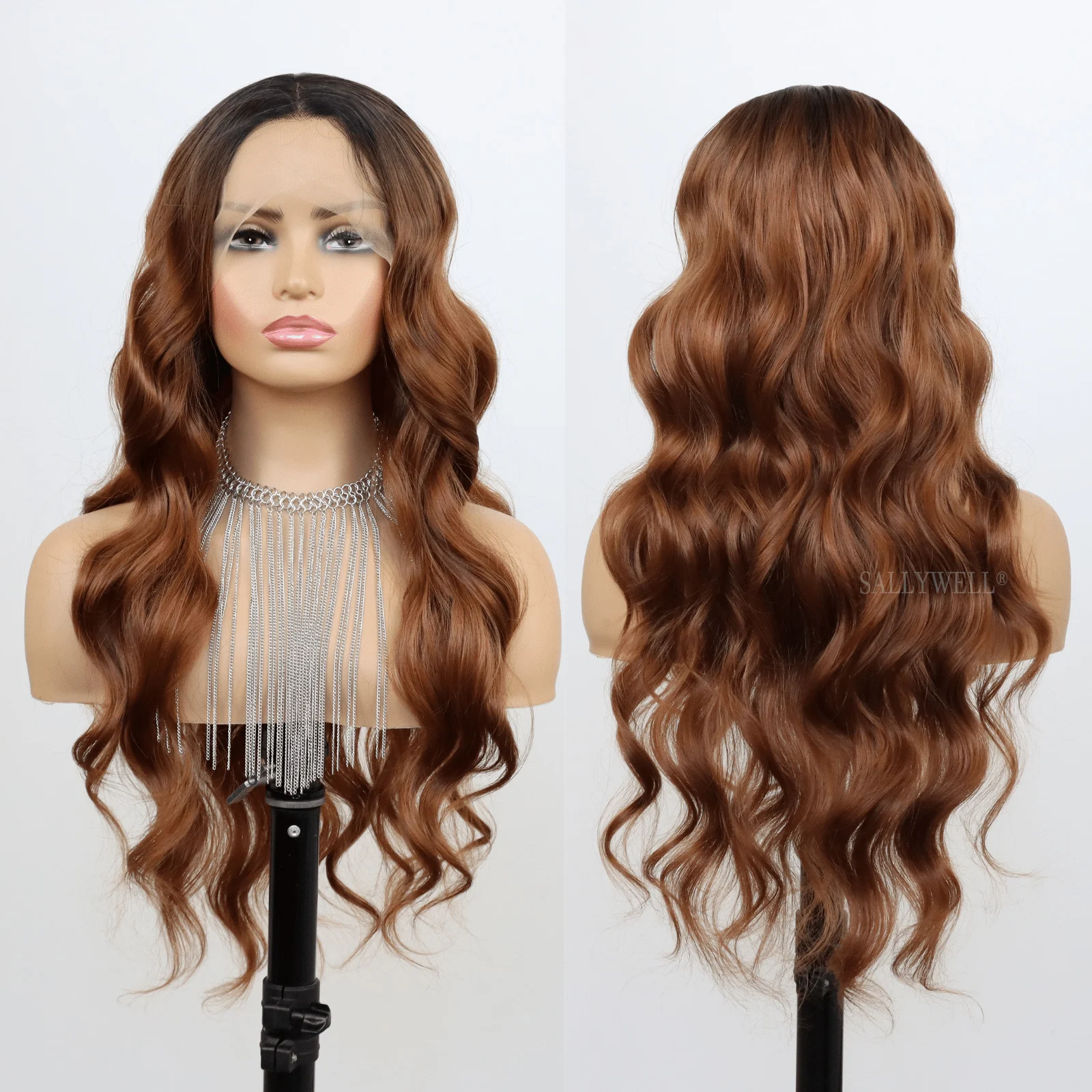 

13×4 Ombre Brown Lace Front Wig with Black Roots 26Inch Long Wavy Brown Wigs Synthetic Lace Front Wigs For Women Use